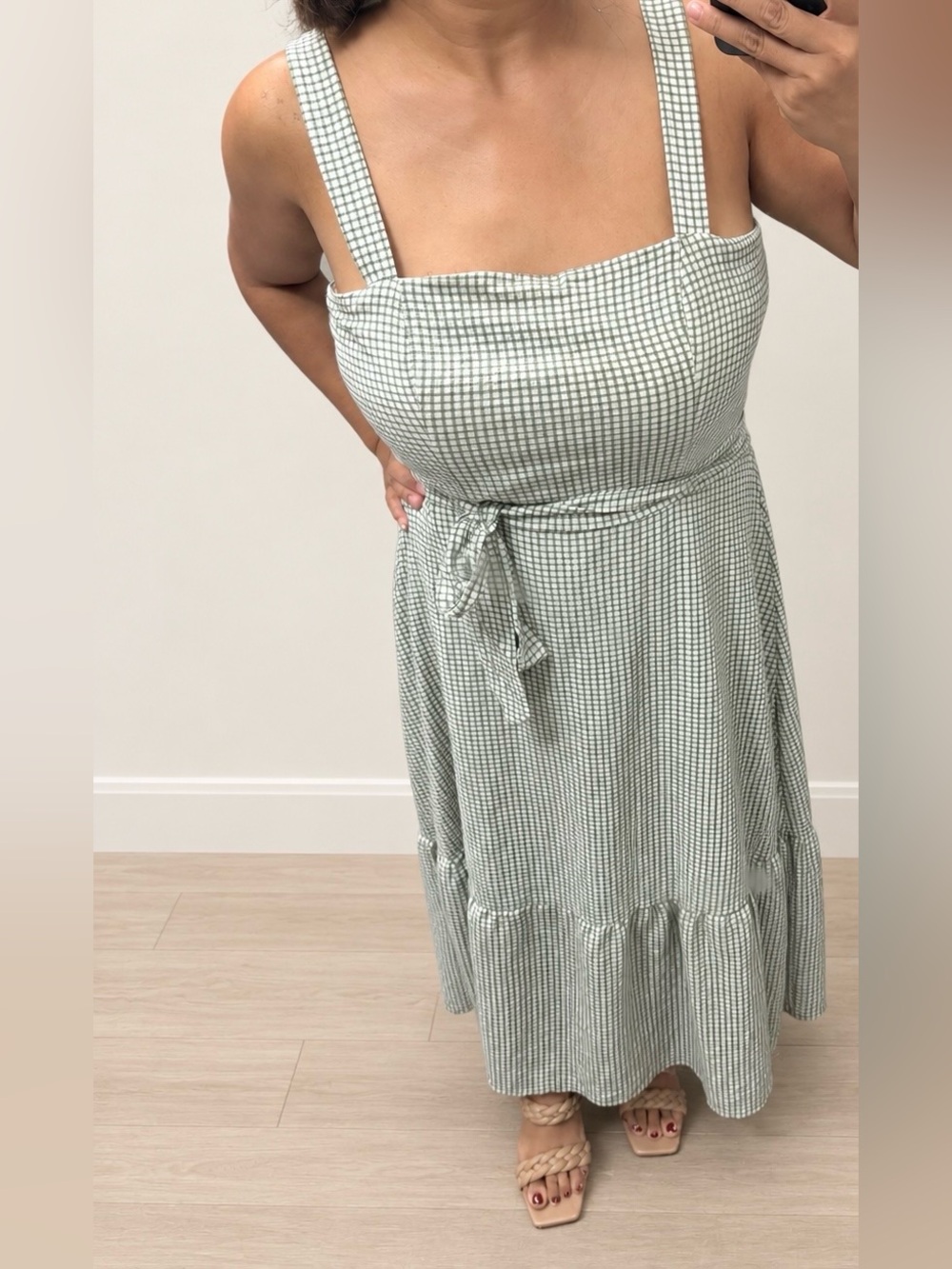 London Times Striped Midi Dress in Sage Green and White - Size 12